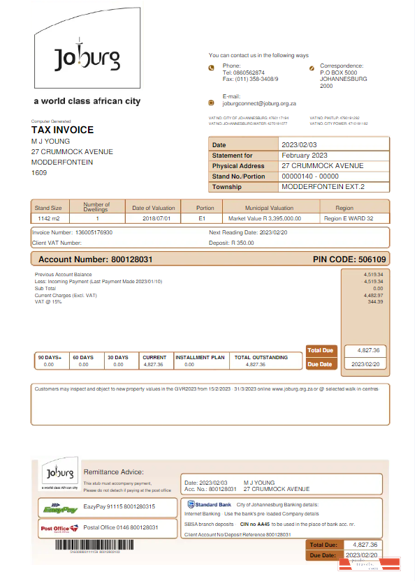 SOUTH AFRICA JOBURG utility bill Word and PDF template